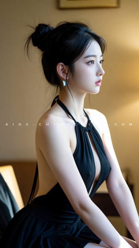 光从她的肩背滑下来，像谁的吻，一路往下，落进黑裙子的褶皱里-G站- AI精品资源站